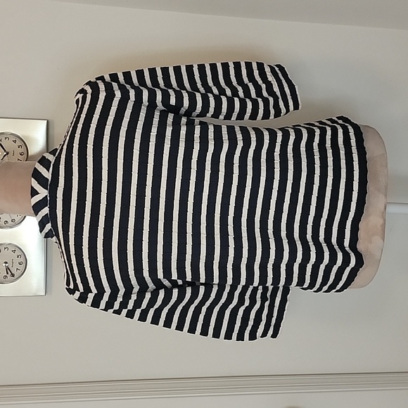 Talbots Size PM, Navy Blue And Ivory Striped, Mock Neck, Puff Sleeves, EUC - Picture 4 of 9